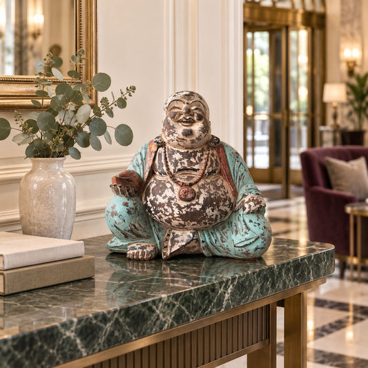 Kézzel faragott vintage Buddha-szobor – menta, nagy